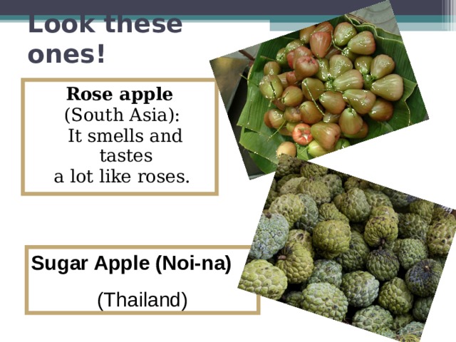 Look these ones! Rose apple  (South Asia):  It smells and tastes a lot like roses. Sugar Apple (Noi-na)   (Thailand)