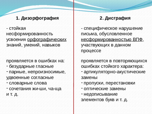 2. Дисграфия 1. Дизорфография - стойкая несформированность усвоения орфографических знаний, умений, навыков - специфическое нарушение письма, обусловленное несформированностью ВПФ , участвующих в данном процессе проявляется в повторяющихся ошибках стойкого характера: проявляется в ошибках на:  артикуляторно-акустические замены  пропуски, перестановки  оптические замены  недописывание  безударные гласные  парные, непроизносимые, удвоенные согласные  словарные слова  сочетания жи-ши, ча-ща элементов букв и т. д. и т. д.