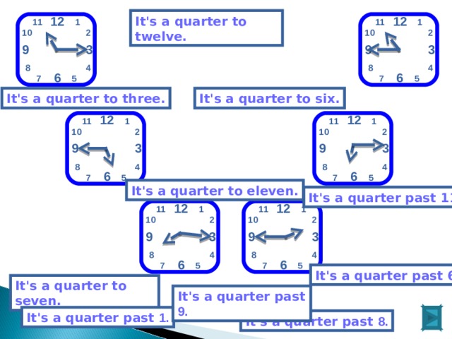 12 12 It's a quarter to twelve.  1 11 11 1 10 2 2 10 9 3 9 3 8 4 4 8 6 6 7 5 7 5 It's a quarter to six. It's a quarter to three. 12 12 1 1 11 11 10 2 2 10 3 9 3 9 4 8 8 4 6 6 5 5 7 7 It's a quarter to eleven. It's a quarter past 11. 12 12 1 11 11 1 10 2 2 10 9 3 3 9 4 8 4 8 6 6 5 5 7 7 It's a quarter past 6. It's a quarter to seven. It's a quarter past 9. It's a quarter past 1. It's a quarter past 8.