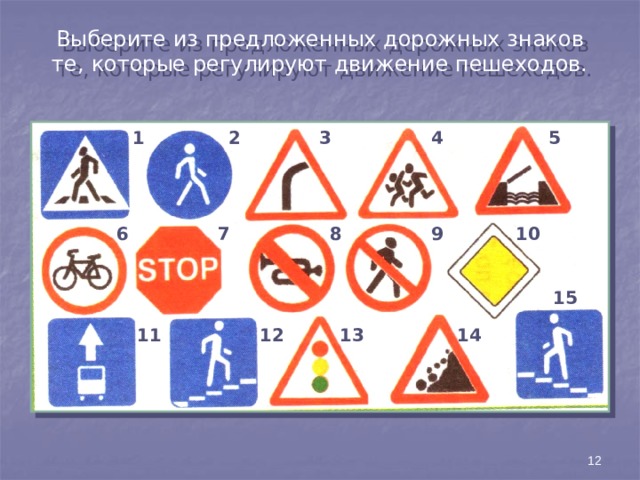 Выберите из предложенных дорожных знаков те, которые регулируют движение пешеходов. 1 2 3 4 5 6 7 8 10 9 15 11 12 13 14 12