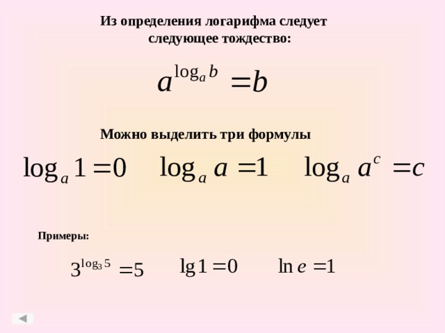 Из определения логарифма следует следующее тождество: Можно выделить три формулы Примеры: