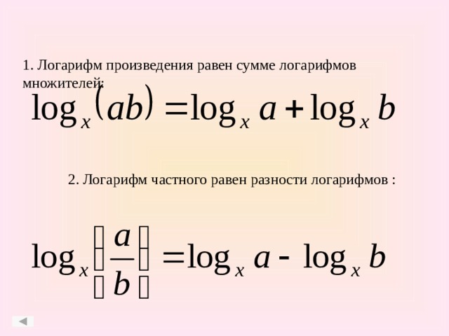 1. Логарифм произведения равен сумме логарифмов множителей: 2. Логарифм частного равен разности логарифмов :