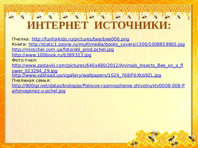 ИНТЕРНЕТ ИСТОЧНИКИ: Пчелка: http://funforkids.ru/pictures/bee/bee006.png Книги: http://static1.ozone.ru/multimedia/books_covers/c300/1008819965.jpg http://mirpchel.com.ua/foto/obl_prod.pchel.jpg http://www.100book.ru/b389313.jpg Фото пчел: http://www.zastavki.com/pictures/640x480/2012/Animals_Insects_Bee_on_a_flower_023294_29.jpg http://www.vashsad.ua/i/gallery/wallpapers/1024_768/F6Xkb9ZL.jpg Пчелиная семья: http://900igr.net/datas/biologija/Polovoe-razmnozhenie-zhivotnykh/0008-008-Partenogenez-u-pchel.jpg