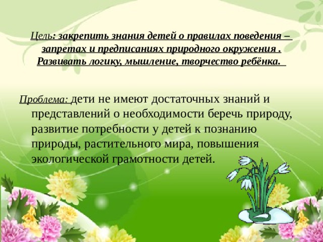 Цель : закрепить знания детей о правилах поведения –  запретах и предписаниях природного окружения . Развивать логику, мышление, творчество ребёнка.  Проблема: дети не имеют достаточных знаний и представлений о необходимости беречь природу, развитие потребности у детей к познанию природы, растительного мира, повышения экологической грамотности детей.