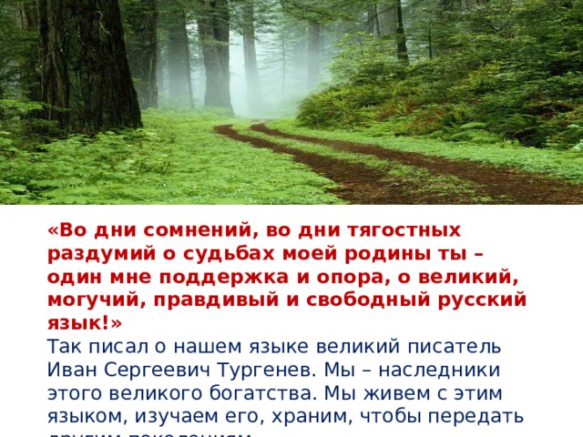 «Во дни сомнений, во дни тягостных раздумий о судьбах моей родины ты – один мне поддержка и опора, о великий, могучий, правдивый и свободный русский язык!» Так писал о нашем языке великий писатель Иван Сергеевич Тургенев. Мы – наследники этого великого богатства. Мы живем с этим языком, изучаем его, храним, чтобы передать другим поколениям.