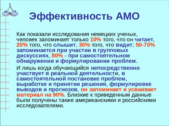 Эффективность АМО   Как показали исследования немецких ученых, человек запоминает только 10% того, что он читает , 20% того, что слышит , 30% того, что видит ; 50-70%  запоминается при участии в групповых дискуссиях , 80% - при самостоятельном обнаружении и формулировании проблем .  И лишь когда обучающийся  непосредственно участвует в реальной деятельности , в самостоятельной постановке проблем, выработке и принятии решения, формулировке выводов и прогнозов , он запоминает и усваивает материал на 90%. Близкие к приведенным данные были получены также американскими и российскими исследователями.