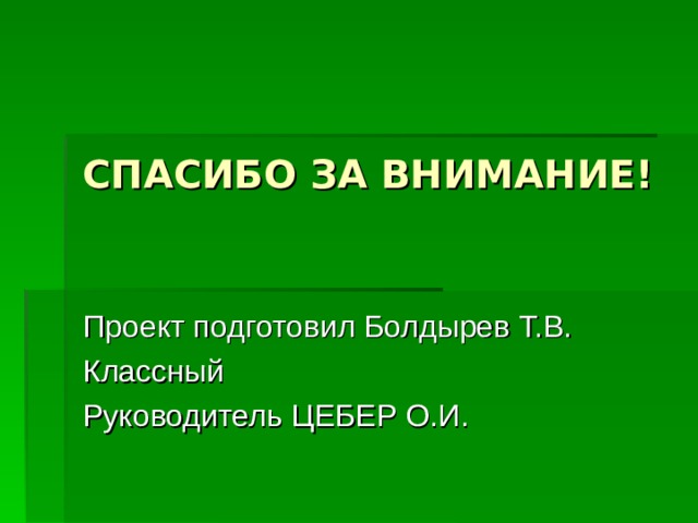 СПАСИБО ЗА ВНИМАНИЕ! Проект подготовил Болдырев Т.В. Классный Руководитель ЦЕБЕР О.И.