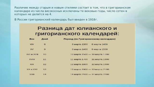 Различие между старым и новым стилями состоит в том, что в григорианском календаре из числа високосных исключены те вековые годы, число сотен в которых не делится на 4. В России григорианский календарь был введен в 1918г.