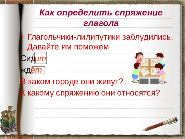 Как определить спряжение глагола Глагольчики-лилипутики заблудились. Давайте им поможем Сид жд ёт В каком городе они живут? К какому спряжению они относятся? ит