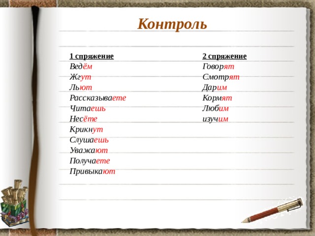 Контроль 1 спряжение 2 спряжение Вед ём Говор ят Жг ут Смотр ят Дар им Ль ют Рассказыва ете Корм ят Люб им Чита ешь изуч им Нес ёте  Крикн ут  Слуша ешь Уважа ют Получа ете Привыка ют