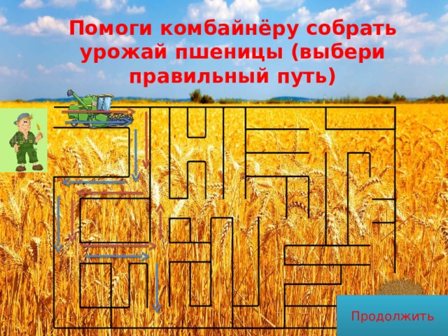 Помоги комбайнёру собрать урожай пшеницы (выбери правильный путь) Продолжить