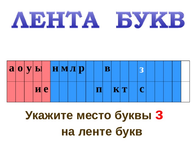 з а о у ы и н е м л р в п к т с Укажите место буквы з   на ленте букв