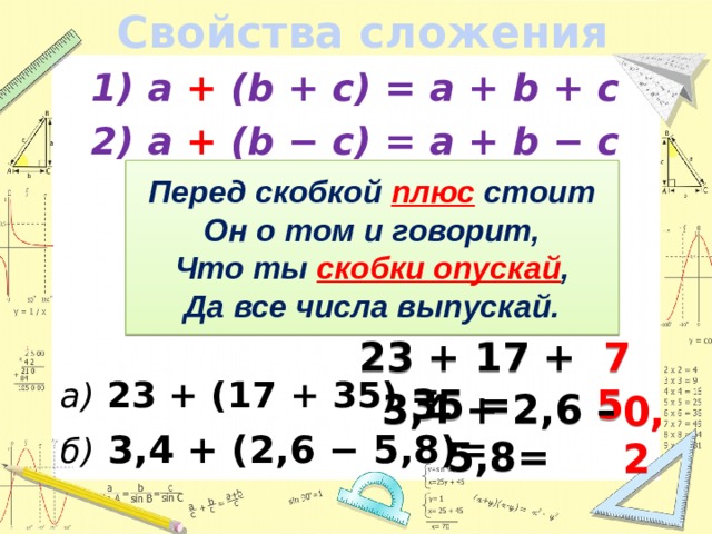 Свойства сложения 1) a + (b + c) = a + b + c 2) a + (b − c) = a + b − c     а)  23 + (17 + 35) = б)  3,4 + (2,6 − 5,8)= Перед скобкой плюс стоит Он о том и говорит, Что ты скобки опускай , Да все числа выпускай. 23 + 17 + 35 = 75  3,4 + 2,6 – 5,8= 0,2