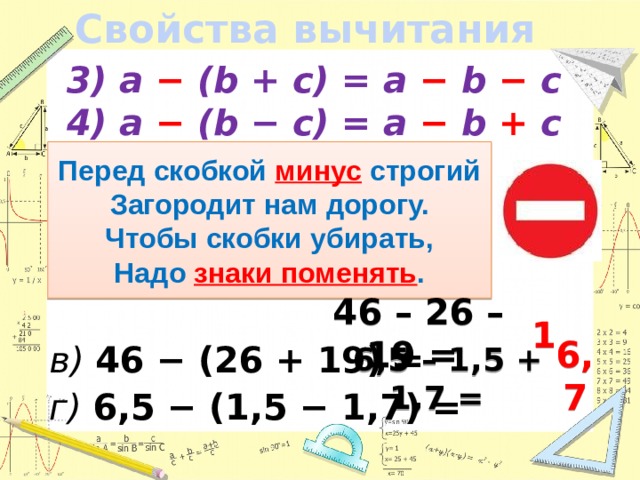 Свойства вычитания 3) a −  (b + c) = a − b − c 4) a − (b − c) = a − b + c     в) 46 − (26 + 19) = г) 6,5 − (1,5 − 1,7) = Перед скобкой минус строгий Загородит нам дорогу. Чтобы скобки убирать, Надо знаки поменять . 46 – 26 – 19 = 1 6,7  6,5 – 1,5 + 1,7 =