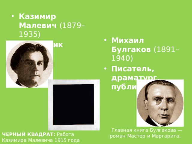 Казимир Малевич (1879–1935) Художник Михаил Булгаков (1891–1940) Писатель, драматург, публицист