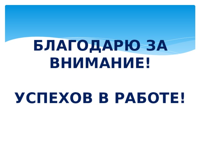 БЛАГОДАРЮ ЗА ВНИМАНИЕ!   УСПЕХОВ В РАБОТЕ!