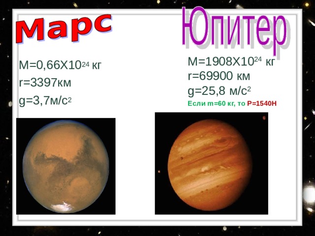 М =0,36X10 2 кг r=2440 км g=3 ,7м / с 2 При массе в 60 кг вес Р=222Н М =4 , 9X10 2 4  кг r=6050 км g=8 , 9 м/с 2  Если  m=60 кг, то Р=534 Н