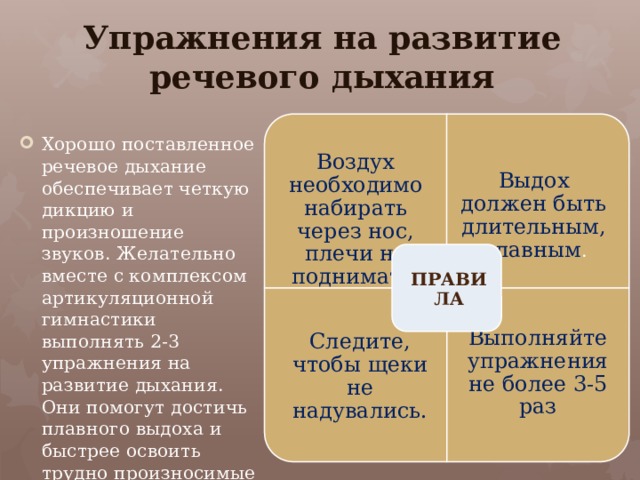 Воздух необходимо набирать через нос, плечи не поднимать. Следите, чтобы щеки не надувались. Выполняйте упражнения не более 3-5 раз Упражнения на развитие речевого дыхания Выдох должен быть длительным, плавным . Хорошо поставленное речевое дыхание обеспечивает четкую дикцию и произношение звуков. Желательно вместе с комплексом артикуляционной гимнастики выполнять 2-3 упражнения на развитие дыхания. Они помогут достичь плавного выдоха и быстрее освоить трудно произносимые звуки. ПРАВИЛА