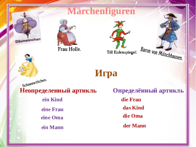 Märchenfiguren Игра Неопределенный артикль Определённый артикль die Frau  ein Kind das Kind eine Frau die Oma  eine Oma der Mann ein Mann