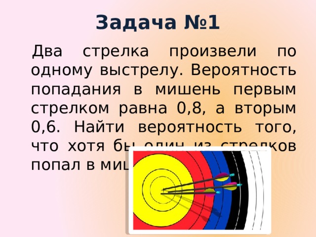 Задача №1 Два стрелка произвели по одному выстрелу. Вероятность попадания в мишень первым стрелком равна 0,8, а вторым 0,6. Найти вероятность того, что хотя бы один из стрелков попал в мишень.