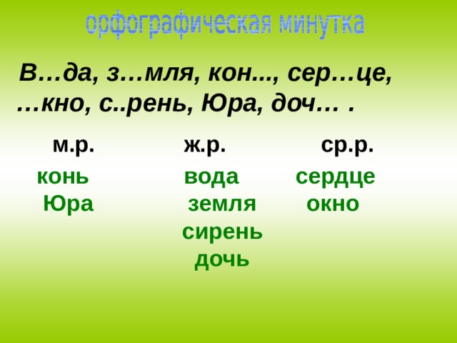 В…да, з…мля, кон..., сер…це, … кно, с..рень, Юра, доч… . м.р. ж.р. ср.р.  конь вода сердце Юра земля окно  сирень  дочь