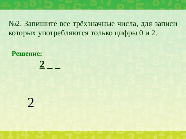 № 2. Запишите все трёхзначные числа, для записи которых употребляются только цифры 0 и 2. Решение:    2 _ _ 2