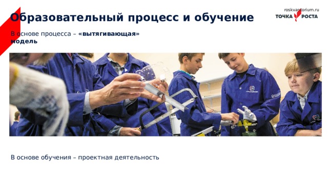 roskvantorium.ru Образовательный процесс и обучение В основе процесса – «вытягивающая» модель В основе обучения – проектная деятельность