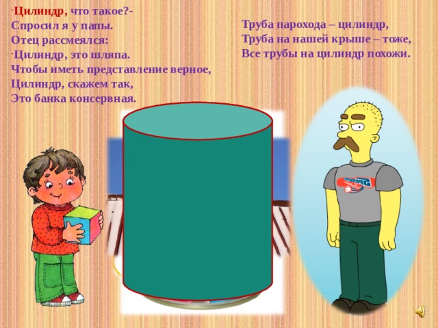 Цилиндр, что такое?- Спросил я у папы. Отец рассмеялся: Цилиндр, это шляпа.