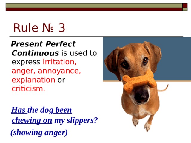 Rule № 3  Present Perfect Continuous is used to express irritation, anger, annoyance, explanation or criticism.   Has the dog been chewing on my slippers?   (showing anger)