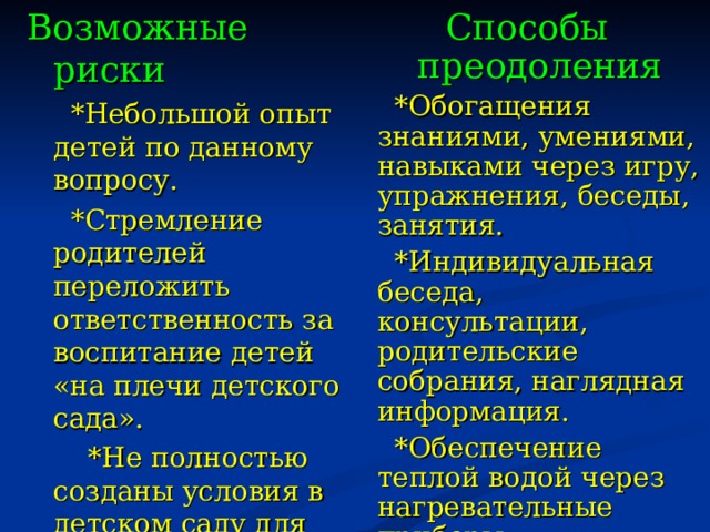 Возможные риски Способы преодоления  *Небольшой опыт детей по данному вопросу.  *Стремление родителей переложить ответственность за воспитание детей «на плечи детского сада».  *Не полностью созданы условия в детском саду для воспитания культурно-гигиенических навыков .  *Обогащения знаниями, умениями, навыками через игру, упражнения, беседы, занятия.  *Индивидуальная беседа, консультации, родительские собрания, наглядная информация.  *Обеспечение теплой водой через нагревательные приборы.