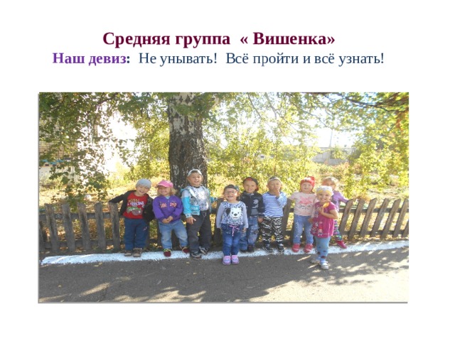 Средняя группа « Вишенка»  Наш девиз : Не унывать! Всё пройти и всё узнать!