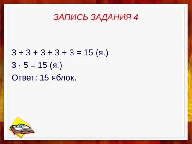 ЗАПИСЬ ЗАДАНИЯ 4   3 + 3 + 3 + 3 + 3 = 15 (я.) 3 · 5 = 15 (я.) Ответ: 15 яблок.