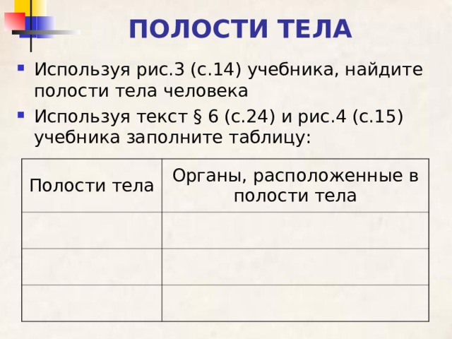 ПОЛОСТИ ТЕЛА Используя рис.3 (с.14) учебника, найдите полости тела человека Используя текст § 6 (с.24) и рис.4 (с.15) учебника заполните таблицу: Полости тела Органы, расположенные в полости тела