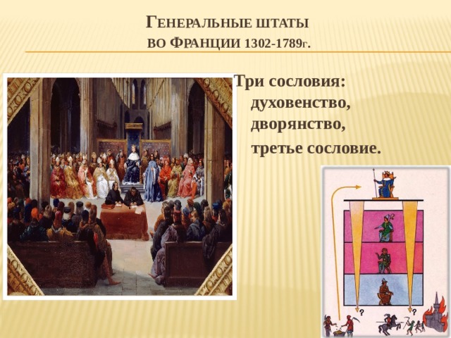 Г енеральные штаты  во Ф ранции 1302-1789 г . Три сословия: духовенство, дворянство,  третье сословие.