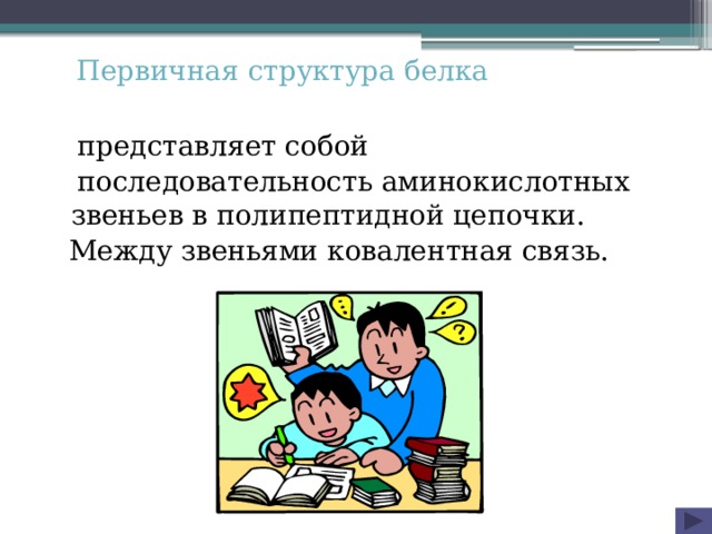 Первичная структура белка   представляет собой  последовательность аминокислотных звеньев в полипептидной цепочки.  Между звеньями ковалентная связь.