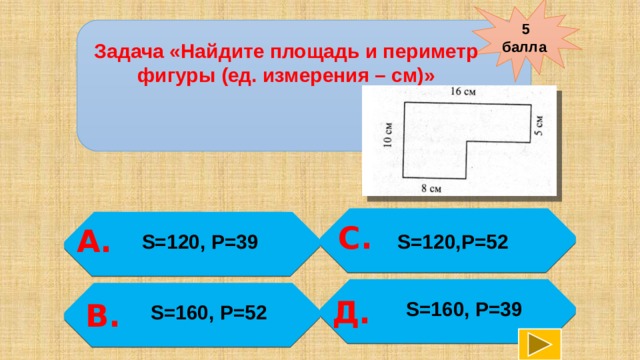 5 балла Задача «Найдите площадь и периметр фигуры (ед. измерения – см)»    С.  А. S=120, P=39 S=120,Р=52    Д. В.  S=160, P=39  S=160, P=52