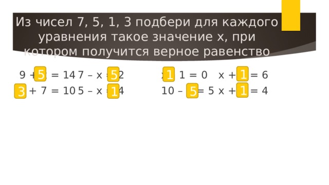 Из чисел 7, 5, 1, 3 подбери для каждого уравнения такое значение х, при котором получится верное равенство 1 5 9 + х = 14    7 – х = 2 х – 1 = 0    х + 5 = 6 х + 7 = 10    5 – х = 4   10 – х = 5    х + 3 = 4 5 1 1 5 3 1