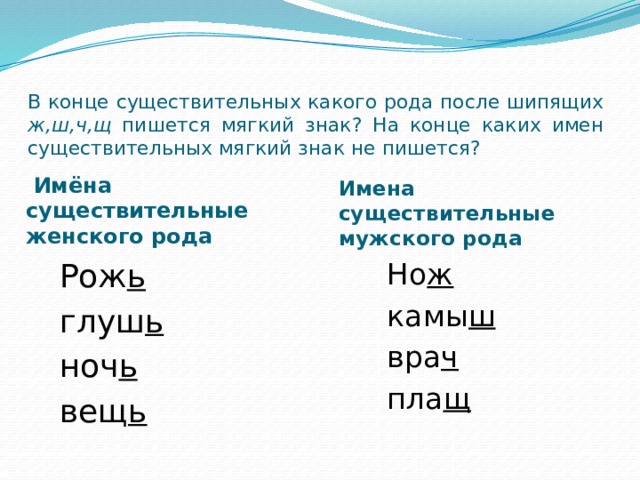 Склонения после шипящих. Мягкий знак после шипящих в существительных 3 склонения. Существительные 3 склонения с мягким знаком. Мягкий знак на конце существительных первого склонения. Сущ 3 склонения с мягким знаком.