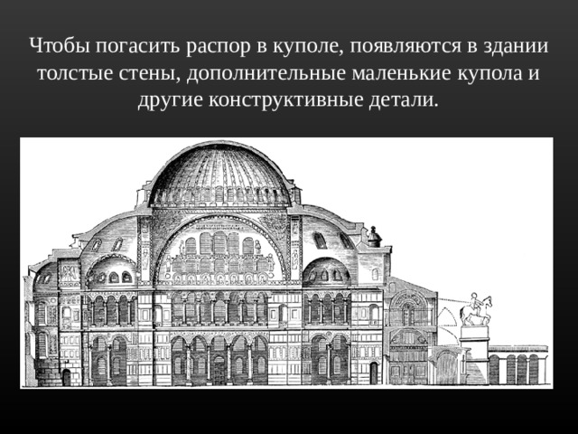 Чтобы погасить распор в куполе, появляются в здании толстые стены, дополнительные маленькие купола и другие конструктивные детали.