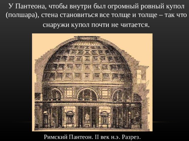 У Пантеона, чтобы внутри был огромный ровный купол (полшара), стена становиться все толще и толще – так что снаружи купол почти не читается . Римский Пантеон. II век н.э. Разрез.