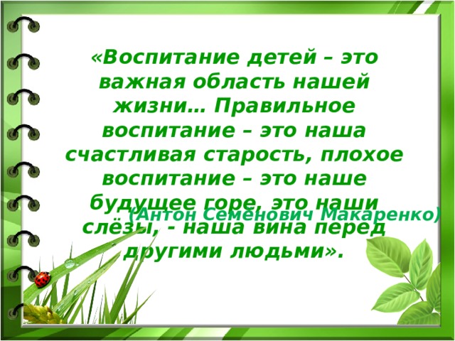 «Воспитание детей – это важная область нашей жизни… Правильное воспитание – это наша счастливая старость, плохое воспитание – это наше будущее горе, это наши слёзы, - наша вина перед другими людьми». (Антон Семёнович Макаренко)