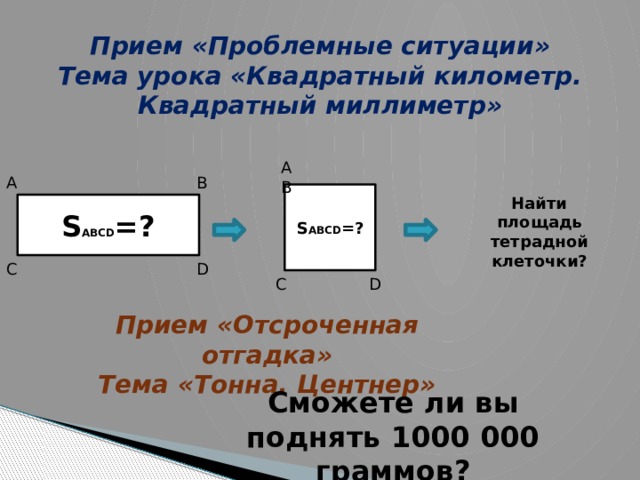 Прием «Проблемные ситуации»  Тема урока «Квадратный километр. Квадратный миллиметр» А В А В S ABCD =? Найти площадь тетрадной клеточки? S ABCD =? C D C D Прием «Отсроченная отгадка» Тема «Тонна. Центнер» Сможете ли вы поднять 1000 000 граммов?