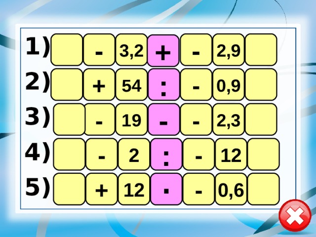 1). 2). 3). 4). 5).  - - 2,9 3,2 + : 54 + 0,9 - - 2,3 - 19 - 12 - 2 : - 12 + · - 0,6