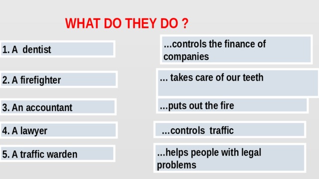 WHAT DO THEY DO ? … controls the finance of companies 1. A dentist …  takes care of our teeth  2. A firefighter … puts out the fire 3. An accountant … controls traffic 4. A lawyer … helps people with legal problems 5. A traffic warden