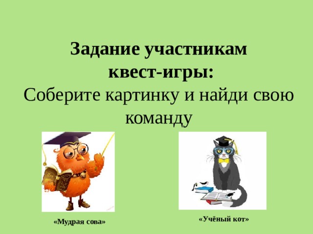 Задание участникам  квест-игры: Соберите картинку и найди свою команду «Учёный кот» «Мудрая сова»