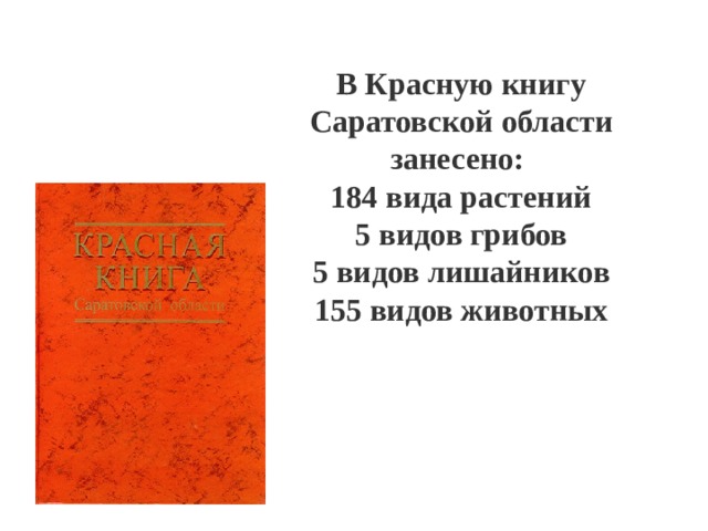 В Красную книгу Саратовской области занесено: 184 вида растений 5 видов грибов 5 видов лишайников 155 видов животных