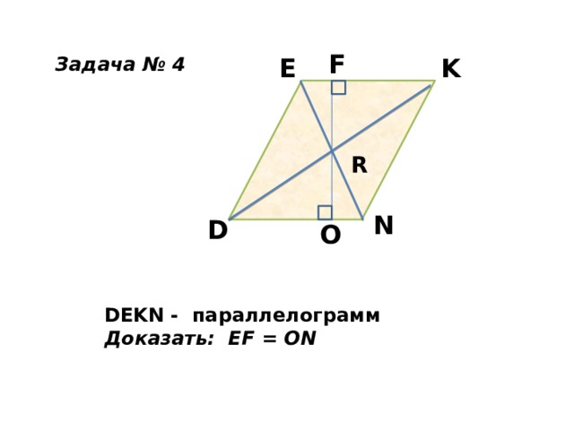 F Задача № 4 E K R N D O DEKN - параллелограмм Доказать: EF = ON