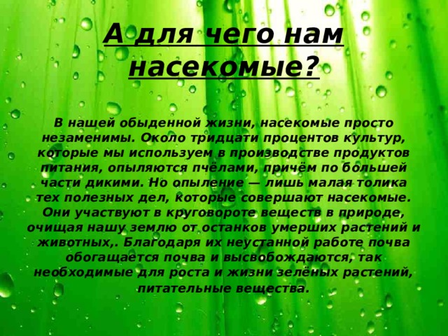 А для чего нам насекомые?    В нашей обыденной жизни, насекомые просто незаменимы. Около тридцати процентов культур, которые мы используем в производстве продуктов питания, опыляются пчёлами, причём по большей части дикими. Но опыление — лишь малая толика тех полезных дел, которые совершают насекомые. Они участвуют в круговороте веществ в природе, очищая нашу землю от останков умерших растений и животных,. Благодаря их неустанной работе почва обогащается почва и высвобождаются, так необходимые для роста и жизни зелёных растений, питательные вещества. ﻿