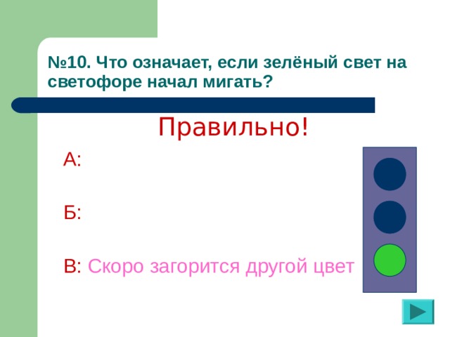 № 10. Что означает, если зелёный свет на светофоре начал мигать? Правильно! А:  Б:  В:  Скоро загорится другой цвет