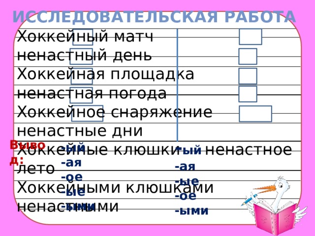 Исследовательская работа Хоккейный матч  ненастный день Хоккейная площадка  ненастная погода Хоккейное снаряжение  ненастные дни Хоккейные клюшки  ненастное лето Хоккейными клюшками ненастными  днями - ый -ая -ые -ое -ыми Вывод: -ый -ая -ое -ые -ыми